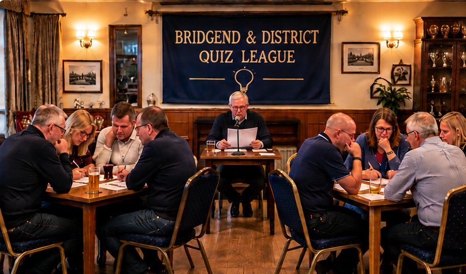 Bridgend Quiz League match in progress with two teams and a question master