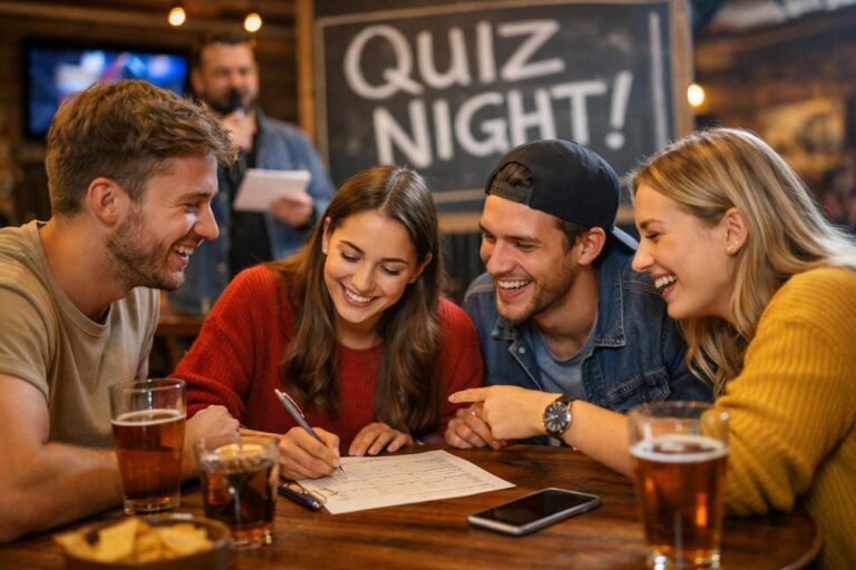 Quiz team discussing answers during a league quiz night