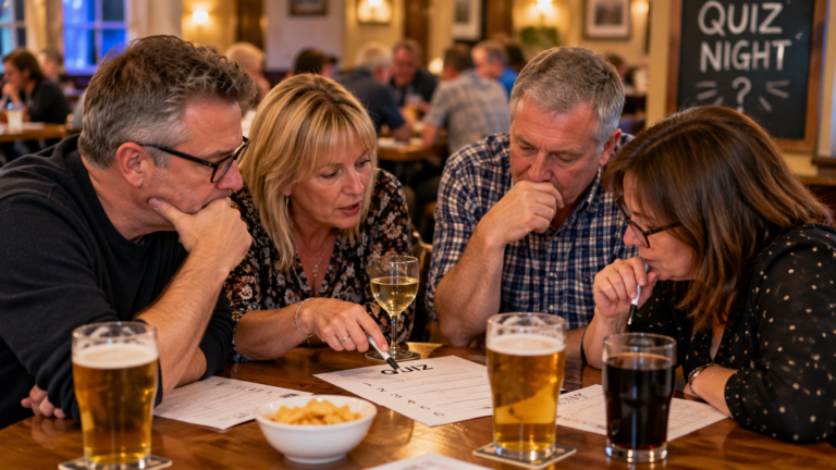 Quiz team discussing answers during a league quiz night